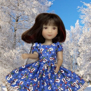 Siblie Blue Sparkling Snowman Christmas Print Dress with Metallic Trim and Shoes fitting Siblies and other 12-inch dolls