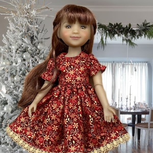 RRFF Red and Gold Holiday Print Dress with Gold Trim and Gold Princess Shoes fitting Ruby Red Fashion Friend Dolls and other 14-5 in dolls