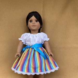 Mexican Style Camisa, Colorful Stripe Skirt, Belt and Pink Moccasins fitting American Girl Dolls and other 18 inch Dolls image 5