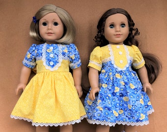 1930s Yellow and Blue Birthday Floral Birthday Dress, Panties, Shoes & Socks fitting 18 inch Dolls such as American Girl Dolls