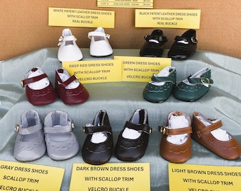 Scallop Trimmed Leather Dress Shoes with Straps - in 7 Colors - fitting American Girl Dolls, Bitty Baby & other 18 inch Dolls