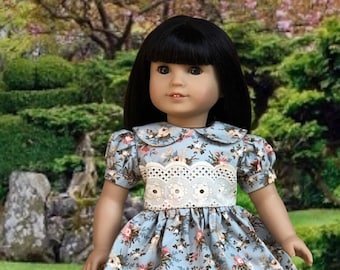 Blue and Tan Floral Print Cotton Dress Trimmed with Eyelet Edging fitting 18 inch Dolls Such as American Girl Dolls