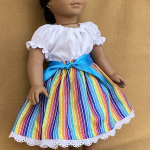 Mexican Style Camisa, Colorful Stripe Skirt, Belt and Pink Moccasins fitting American Girl Dolls and other 18 inch Dolls image 8