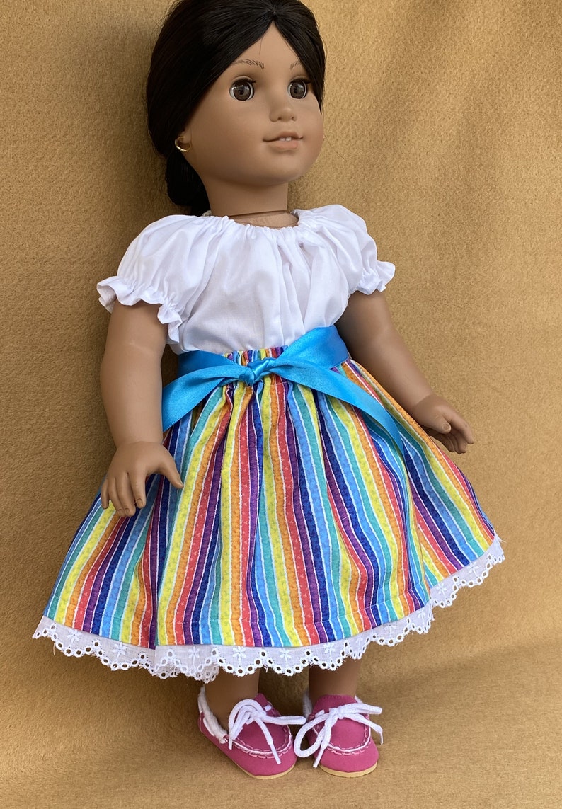 Mexican Style Camisa, Colorful Stripe Skirt, Belt and Pink Moccasins fitting American Girl Dolls and other 18 inch Dolls image 8