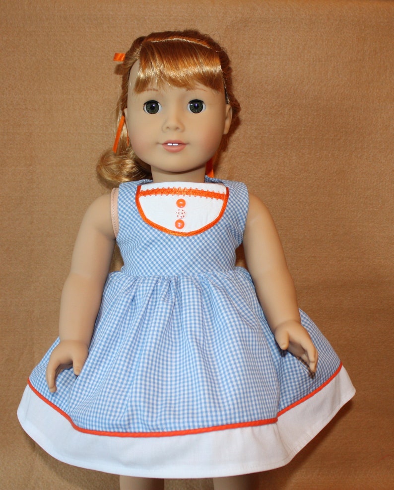 1950s Blue and White Gingham Cotton Vintage Style Dress With Piping and Panties fitting American Girl Dolls & other 18 in Dolls image 1