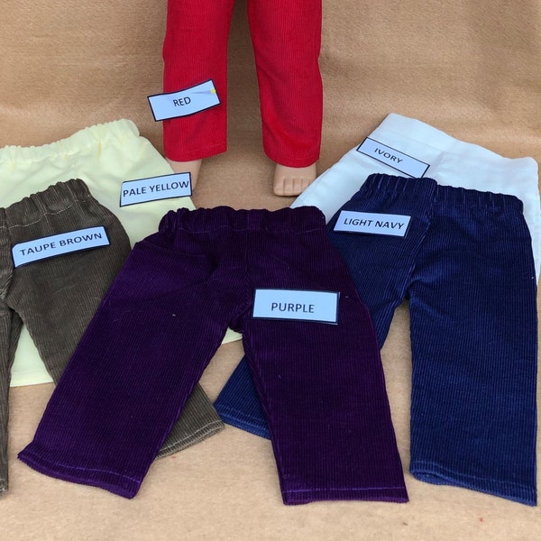 Corduroy Slacks Fitting American Girl Dolls Pale Yellow, Ivory, Red, Light Navy, Taupe Brown and Purple