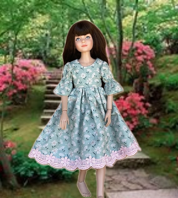 Floral Doll Dress: Pale Green, Pink Scallop Trim, Fits 12-inch
