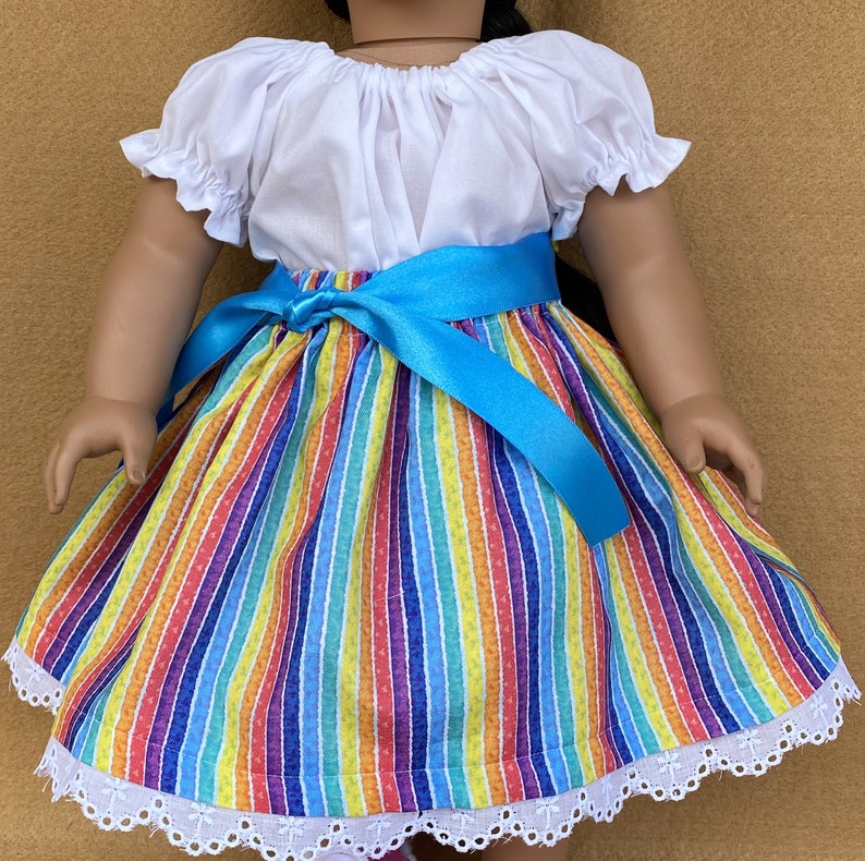 Mexican Style Camisa, Colorful Stripe Skirt, Belt and Pink Moccasins fitting American Girl Dolls and other 18 inch Dolls image 6