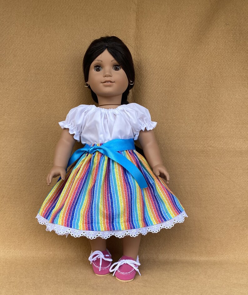 Mexican Style Camisa, Colorful Stripe Skirt, Belt and Pink Moccasins fitting American Girl Dolls and other 18 inch Dolls image 5