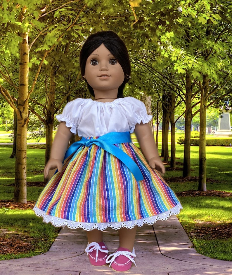 Mexican Style Camisa, Colorful Stripe Skirt, Belt and Pink Moccasins fitting American Girl Dolls and other 18 inch Dolls image 1