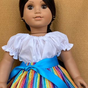 Mexican Style Camisa, Colorful Stripe Skirt, Belt and Pink Moccasins fitting American Girl Dolls and other 18 inch Dolls image 3