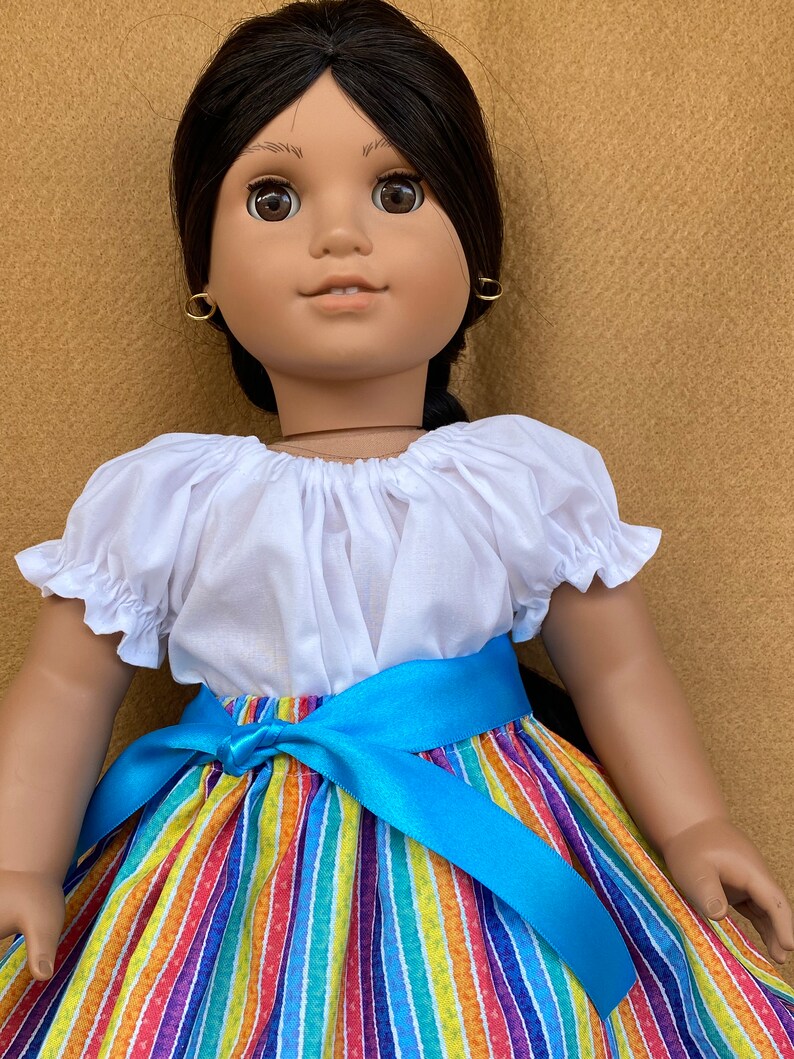 Mexican Style Camisa, Colorful Stripe Skirt, Belt and Pink Moccasins fitting American Girl Dolls and other 18 inch Dolls image 3