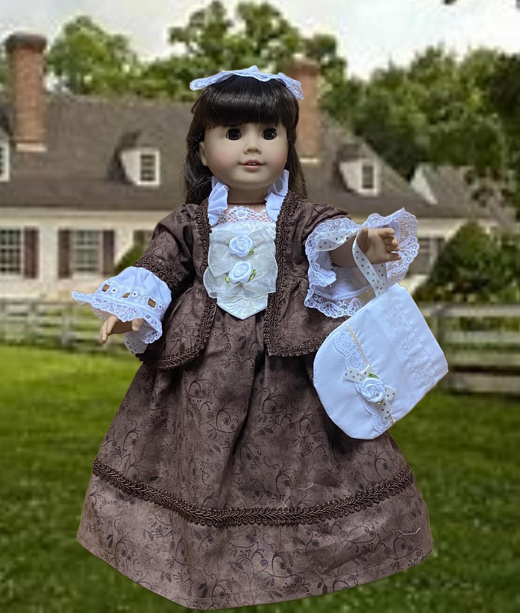1770s Colonial Chocolate Brown Print Outfit including Skirt Jacket Purse and Hat fitting 18-inch dolls such as American Girl Dolls