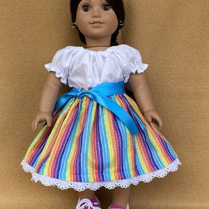 Mexican Style Camisa, Colorful Stripe Skirt, Belt and Pink Moccasins fitting American Girl Dolls and other 18 inch Dolls image 2