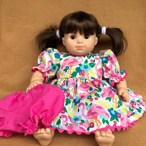 White Seersucker Flamingo Print Baby Doll Dress and Panties fitting 15&quot; inch baby dolls such as Bitty Baby Dolls