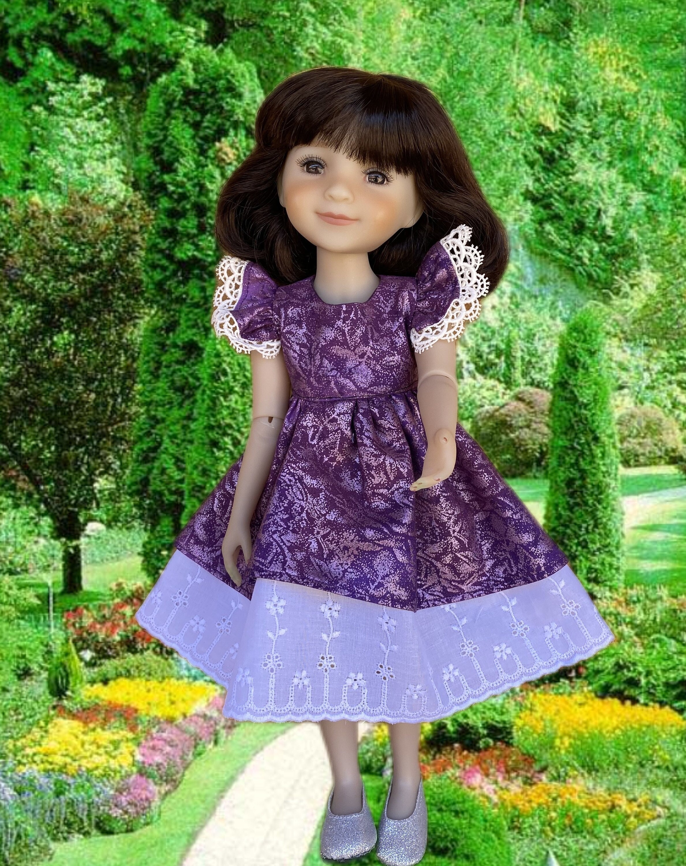Purple Rose Print Doll Dress With Lace Hem & Optional Shoes: Fits