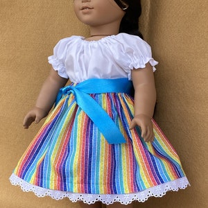 Mexican Style Camisa, Colorful Stripe Skirt, Belt and Pink Moccasins fitting American Girl Dolls and other 18 inch Dolls image 7