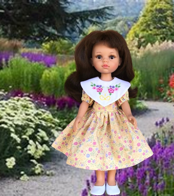 花柄ドールドレス：イエローコットン、刺繍入りカラー、13インチドール