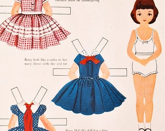 Hoja de revista Betsy McCall Paper Doll - Página de revista de 1954 - Ayúdala a encontrar su muñeca - Además de otras 2 páginas