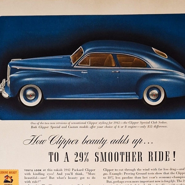 Packard Clipper Car Vintage Ad, 1942 Clipper Special Club Sedan Old Advertisement, Retro car wall art print advertising