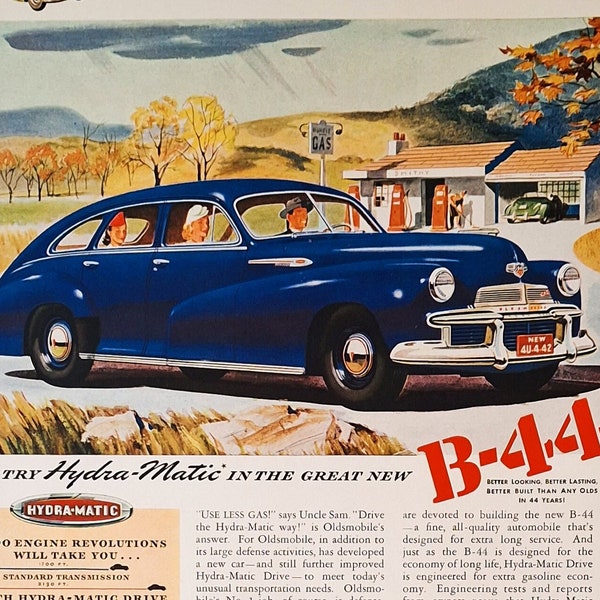 Oldsmobile Car Vintage Ad, 1942 Olds B-44 Car Old Advertisment, Hydra-Matic in Blue wall art print