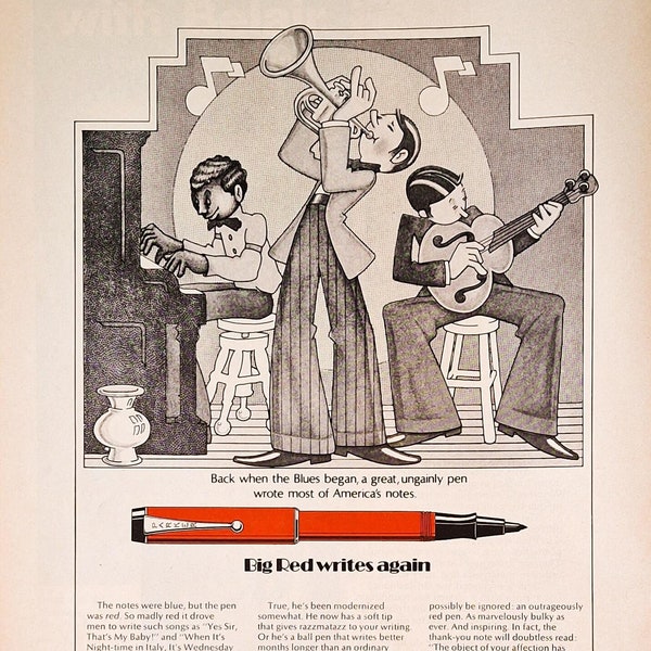 Parker Pen Vintage Ad, Blues music Writing Jazz old Advertisement, Big Red Vintage wall Art