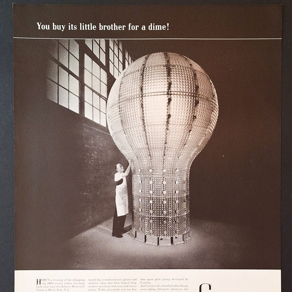 Edison Memorial Tower Menlo Park New Jersey - Giant Light Bulb - 1941 VINTAGE AD for Corning Glass - Lamp Research