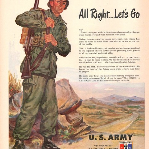 1951 U.S. Army Recruiting print ad ephemera decor Soldier with rifle and backpack