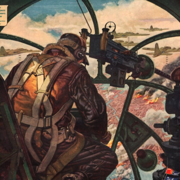 1943 Bombardier uses Gyroscope to aim big gun WWII era Dean Cornwell illustration Fisher armament