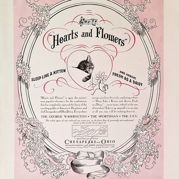 Chesapeake and Ohio Railroad Lines - 1936 VINTAGE AD - Hearts and Flowers - Chessie Train - Sleep Like a Kitten - America's Sleepheart