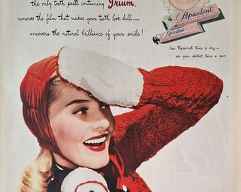 Toothpaste vintage ad Pepsodent old advertisement Dental advertising Winter mittens in old ad