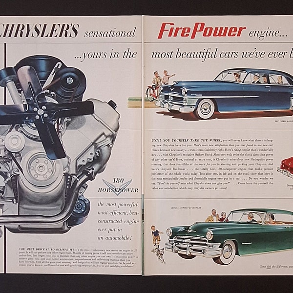 Chrysler New Yorker car vintage ad 1951 advertisement also Imperial Newport car Fire Power Engine