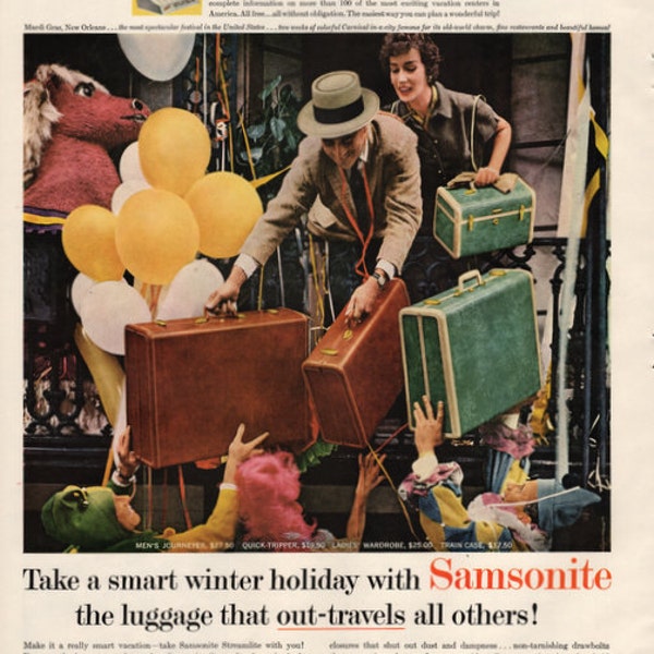 1957 Samsonite luggage vintage print ad Mardi Gras New Orleans theme Green Brown suitcase travel vacation