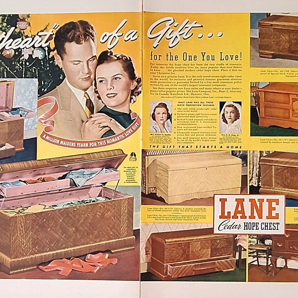 1939 Lane Cedar Hope Chest old advertisement 2 page vintage ad in color Many styles Unique home decor Wall art Furniture collectible chests