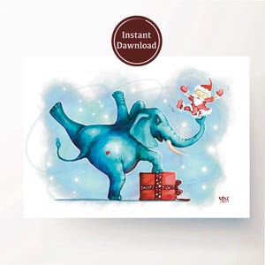 Tarjeta imprimible con el feliz elefante y Papá Noel, ilustración de felicidad en Navidad, postal divertida