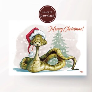 Wenskaart groene slang voor kerst, afdrukbare slangillustratie trouwt met kerst, grappige wenskaart slang