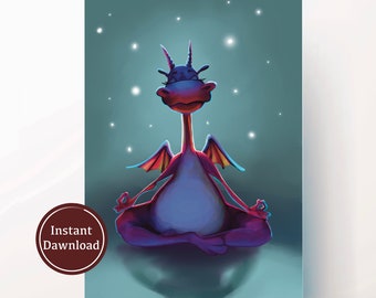 A Meditating dragon card, A meditating dragon greeting card, Meditation theme, Meditation illustration, Printable Meditating Dragon card