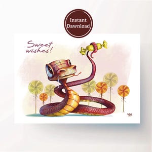 Carte de Noël, carte imprimable de l'année du serpent, souhaits doux, serpent avec des bonbons, carte de voeux drôle de serpent pour l'année 2025 ou toute autre occasion