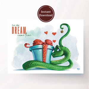 Cartão postal do ano da cobra verde, ilustração de cobra, cartão de felicitações para download com cobra verde, cartão de felicitações digital de uma cobra com uma caixa de presente