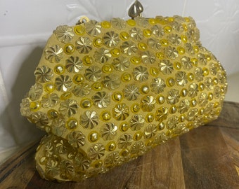 Vintage Gold  Bag-Gold Beaded  Bag- 1970's Ladies hand Bag- -Evening Purse -Wedding -Clutch-Purse-Evening Bag-Handbag-Gifts for Her.