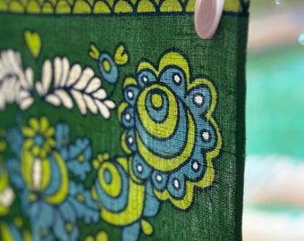 Retro Tea Towel- Green Vintage Kitchen Cloth Linen teatowel-Dish  Cloth- Vintage Linen-Floral Tea Towel-Pure Linen Tea Towel-1970's