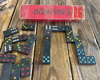 Vintage Dominoes set- Multi coloured Dominoes-Vintage Game Set-Retro Game- -Gifts for Him-Childrens Games-Mid century bakerlite domino set