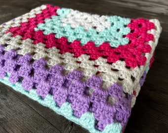 Vintage Crochet Blanket-Small  handmade  crochet Blanket-Throw-Knee Rug-Granny Squares. Pram cover.Picnic rug