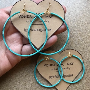 Turquoise green beaded hoop earrings, turquoise hoop earrings,large turquoise hoop earrings,dainty turquoise hoop earrings,simple hoops