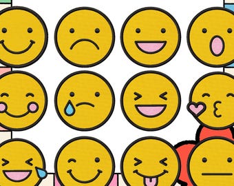 Cute Outline Emoticons Embroidery Designs, 12 Designs Included, Machine Embroidery, Brother PES DST & All Popular Formats, Instant Download