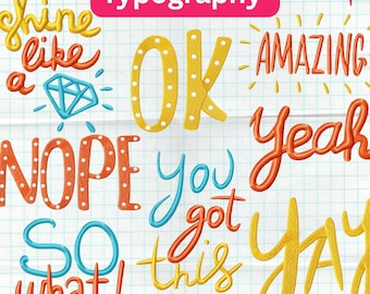 Colorful Typography Embroidery Designs, 8 Designs Included, Machine Embroidery, Brother PES DST & All Popular Formats, Instant Download