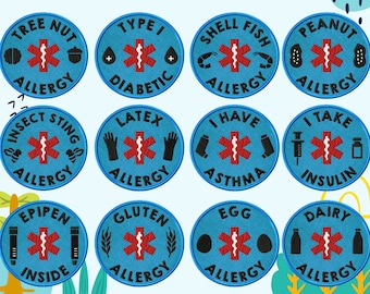 Allergy Alert Patches Appliqué Embroidery Designs, 12 Included, Machine Embroidery, Brother PES DST & All Popular Formats Instant Download