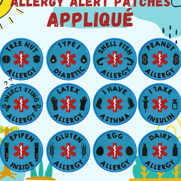 Allergy Alert Patches Appliqué Embroidery Designs, 12 Included, Machine Embroidery, Brother PES DST & All Popular Formats Instant Download