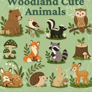 May include: A digital illustration set titled Woodland Cute Animals featuring a brown bear, a bird, a skunk, an owl, mushrooms, a fox, a raccoon, a tree stump, a fawn, a hedgehog, a rabbit, and a deer on a light green background.