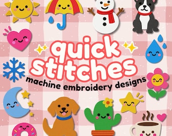 Disegni per ricamo a macchina Quick Stitches, 14 simpatici file di ricamo, meteo, cibo, animali, PES DST, download immediato